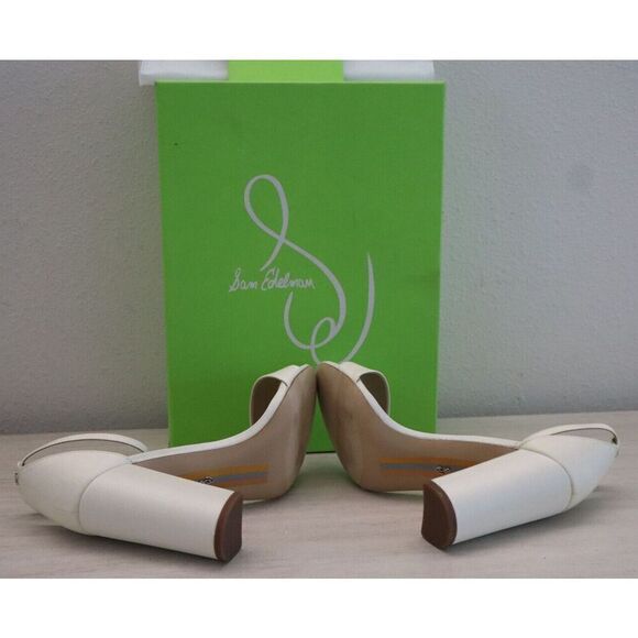 Sam Edelman Women Sz 7.5 Pearl/Ivory Satin Yaro Ankle Strap Block Heel Sandals - Picture 4 of 15